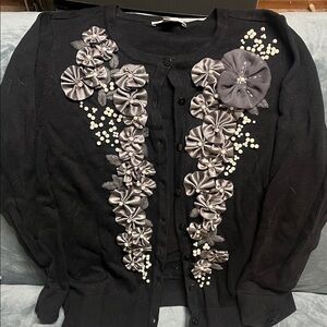 Black Cardigan with Gray Floral Embellishments
